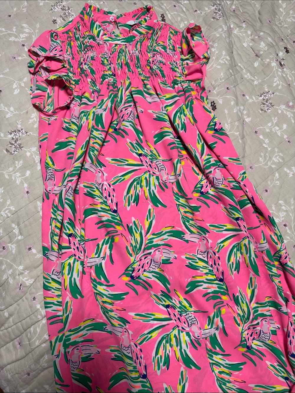 crown & ivy Pink Tropical Parrot Smocked Casual Dress